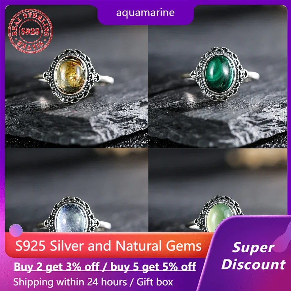 

Vintage S925 Silver Ring Natural Mineral Crystal Aquamarine Jade Women's Ring Exquisite Jewelry Amber Ring Party Birthday Gift