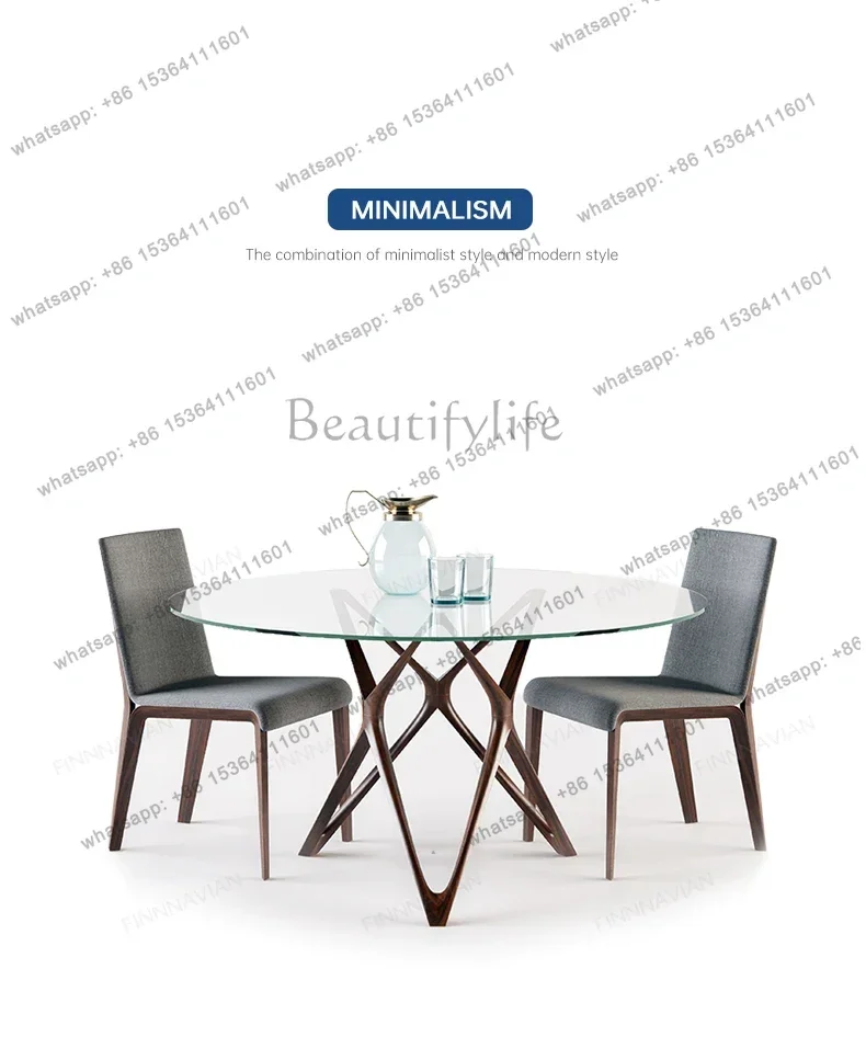Italian Minimalist North American Black Walnut Round Dining Table Modern Glass Casual Small Round Table Pure Solid Wood
