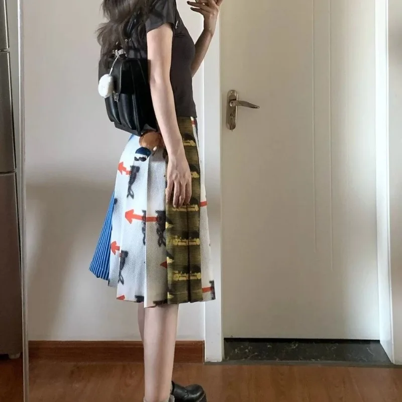 레트로 동물 프린트 루즈핏 미디 스커트 여성 2025 가을 신상 스트릿웨어 하이웨이스트 플리츠 캐주얼 A라인 스커트