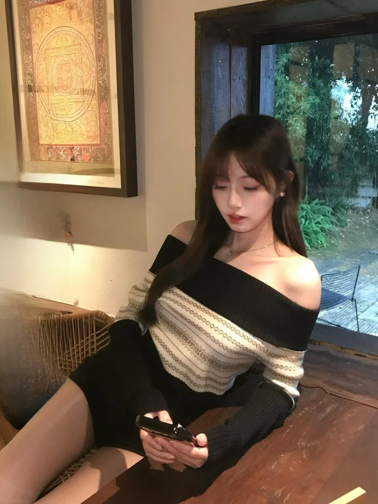 

Ретро-свитер с цветными блоками и узором Fair Isle на одно плечо, мягкий и уютный, создающий особую атмосферу, женский свободный вязаный топ для повседневной носки