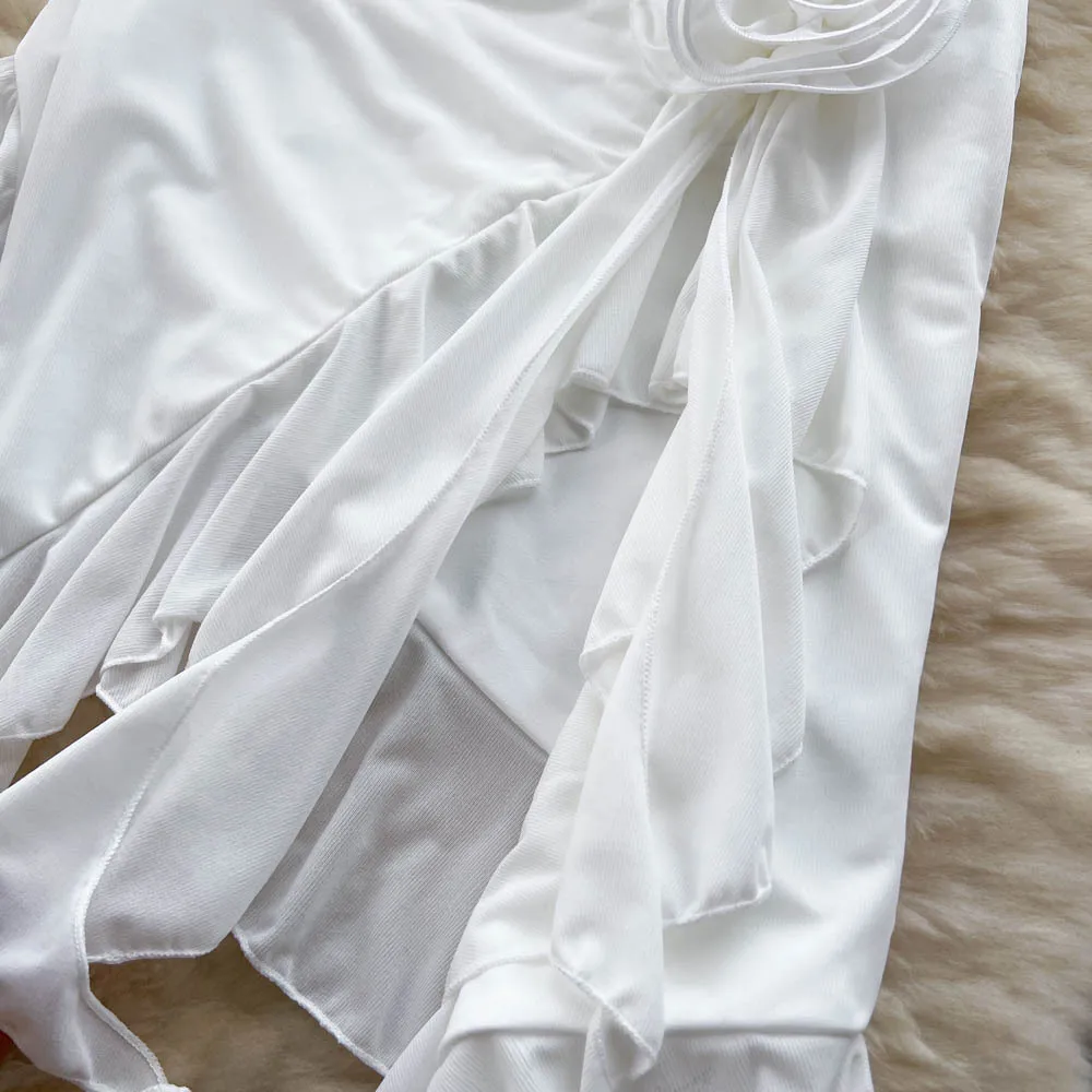 Foamlina 2025 Summer Women Sexy Strapless Tube Dress White Sleeveless Chest Padded Flower Irregular Ruffles White Holiday Dress