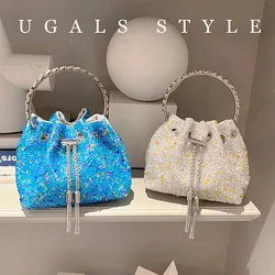 Borsa a secchiello con manico ad anello in metallo di lusso Borsa da donna con diamanti glitterati Pietre Borsa da sera Borsa a tracolla con pochette per festa di nozze