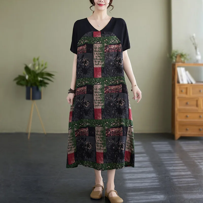 

#6680 Cotton Linen Black Floral Printed Long T Shirt Dress Women O-neck Split Color A-line Dress Female Loose Retro Midi Summer