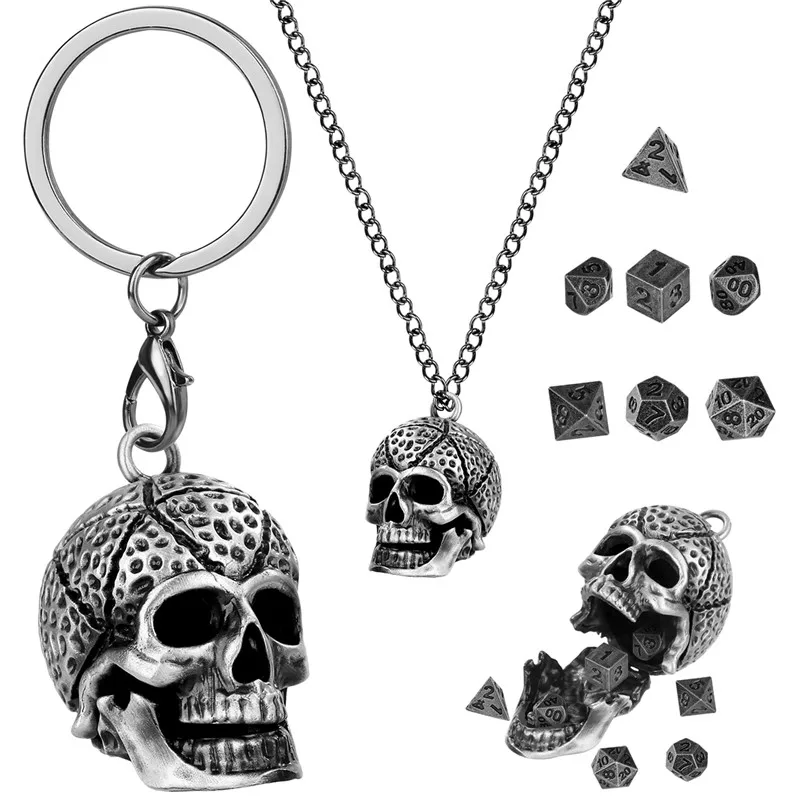 7pcs Tiny Metal Polyhedral Dice Set with Pendant Portable Key Ring Necklace Chain Hollow Skull Head Dices Storage Case