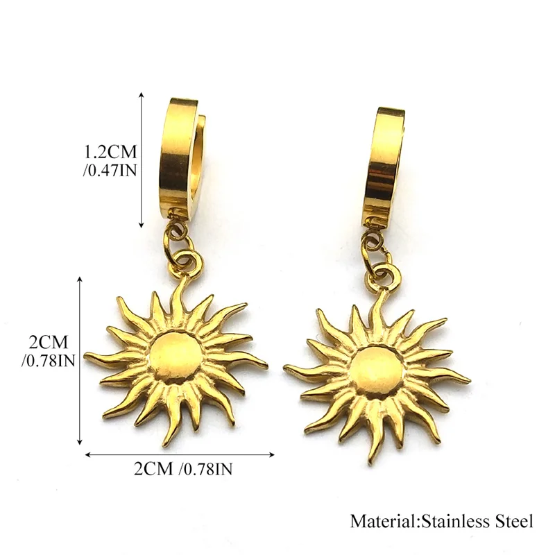 Vintage Sun Pendant Hoop Earrings Female Men Stainless Steel Gold Color Geometric Earring Hip Hop Ear Hoops Piercing Jewelry