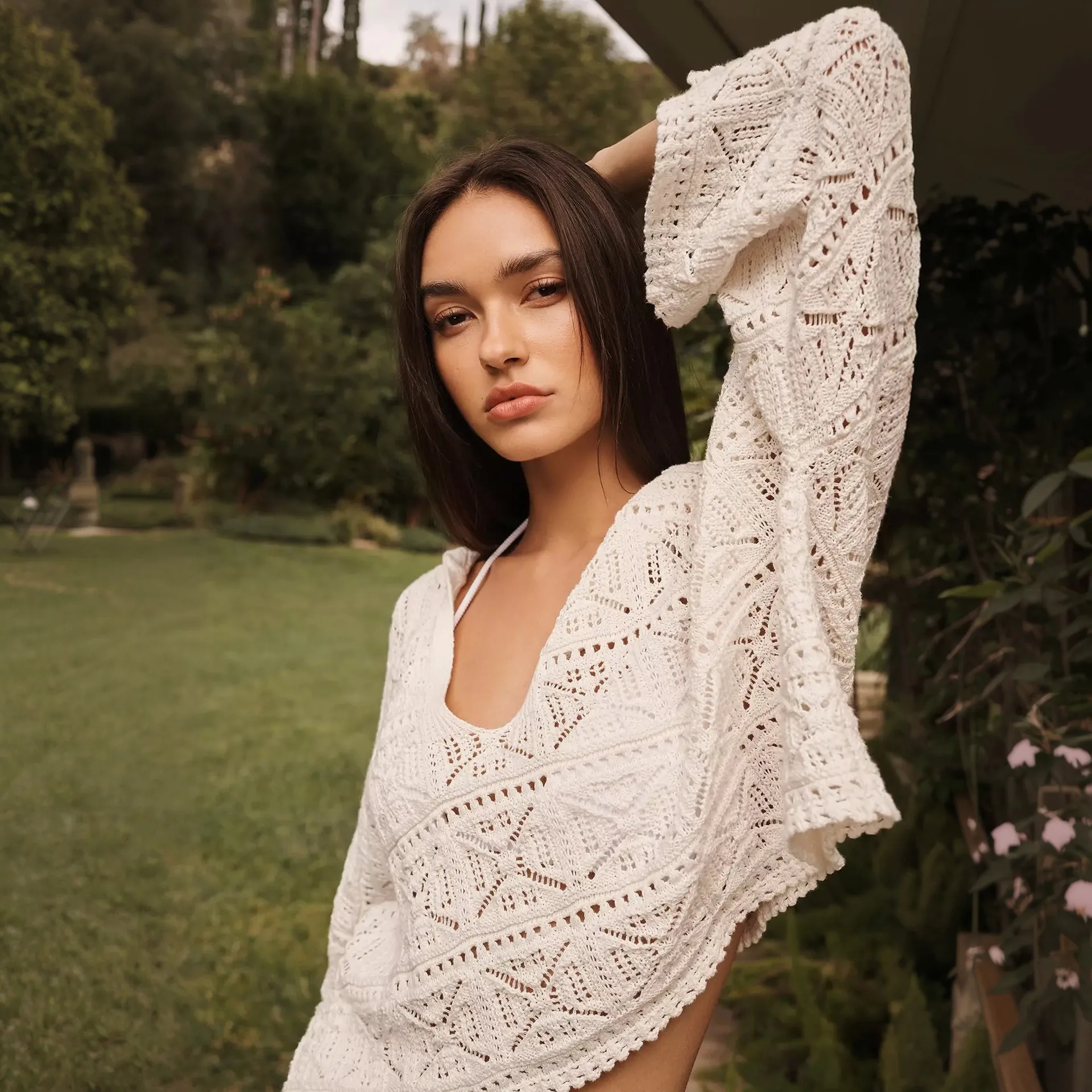 New Hollow Crochet 2‑Piece Set V‑Neck Flare Sleeve Top High Waist Shorts Beach Cover‑Up Outfit For Summer Seaside Resort Holiday