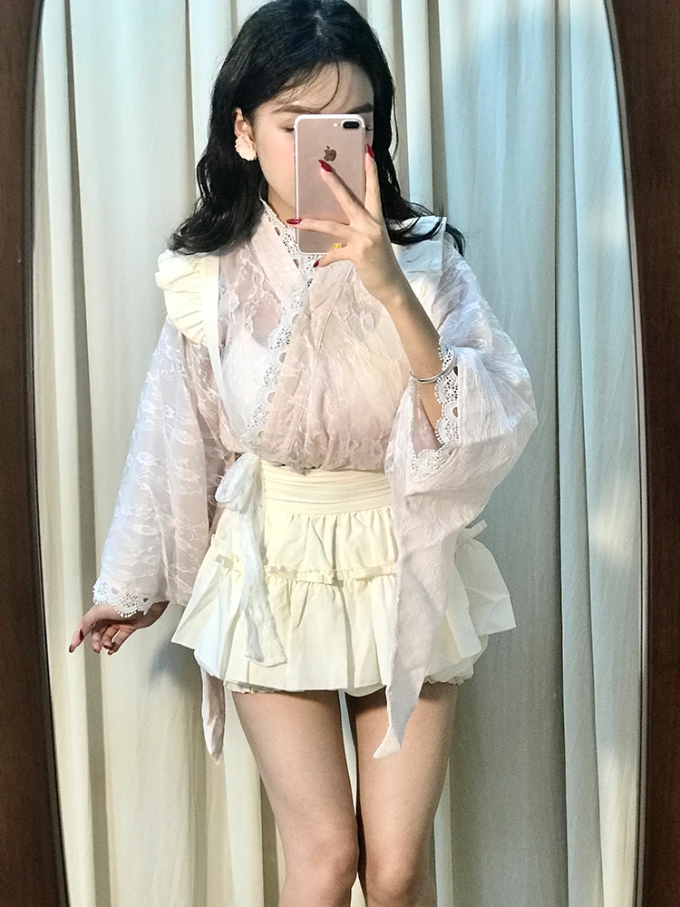 Japanisches SLE-Maidsuit-Set, hohe Taille, Overall, lange Swe-Spitze, weiches süßes Top, Bot, zweiteiliges Set für Damen, Herbst, Faion