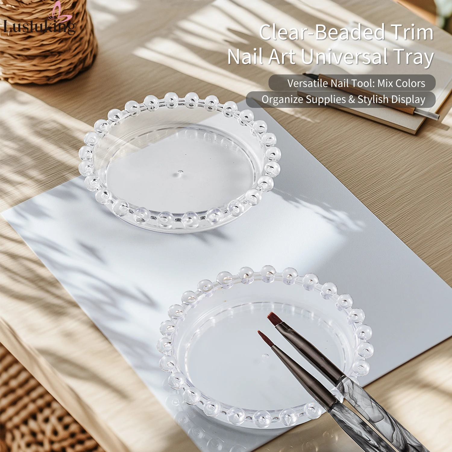 Clear-Beaded Nail Art Tray Multi-Use for Color Mixing Palette Nail Supplies Nail Brush Holder Decor Display Accessory Organizer