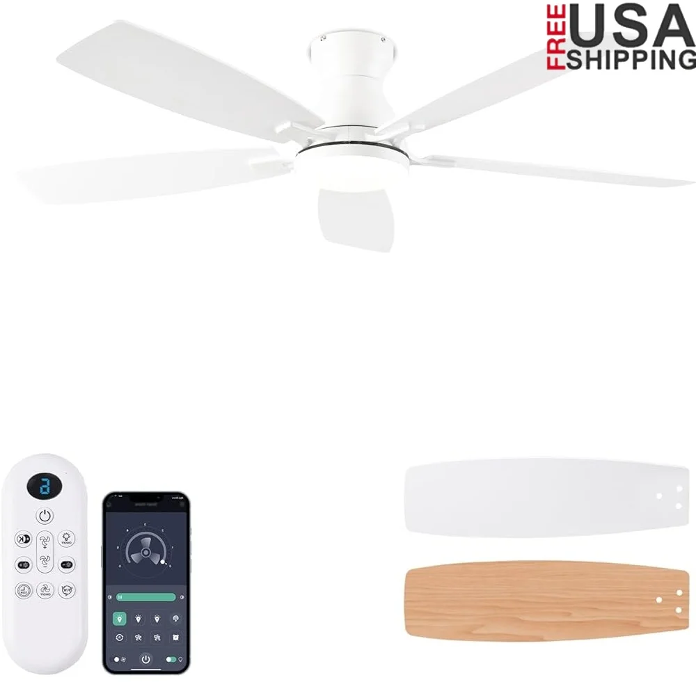 พัดลมเพดานขนาด 52 นิ้วโปรไฟล์ต่ําพร้อมไฟ LED รีโมทคอนโทรลมอเตอร์ DC การทํางานที่เงียบสงบห้องนั่งเล่นห้องนอนแบบพลิกกลับได้