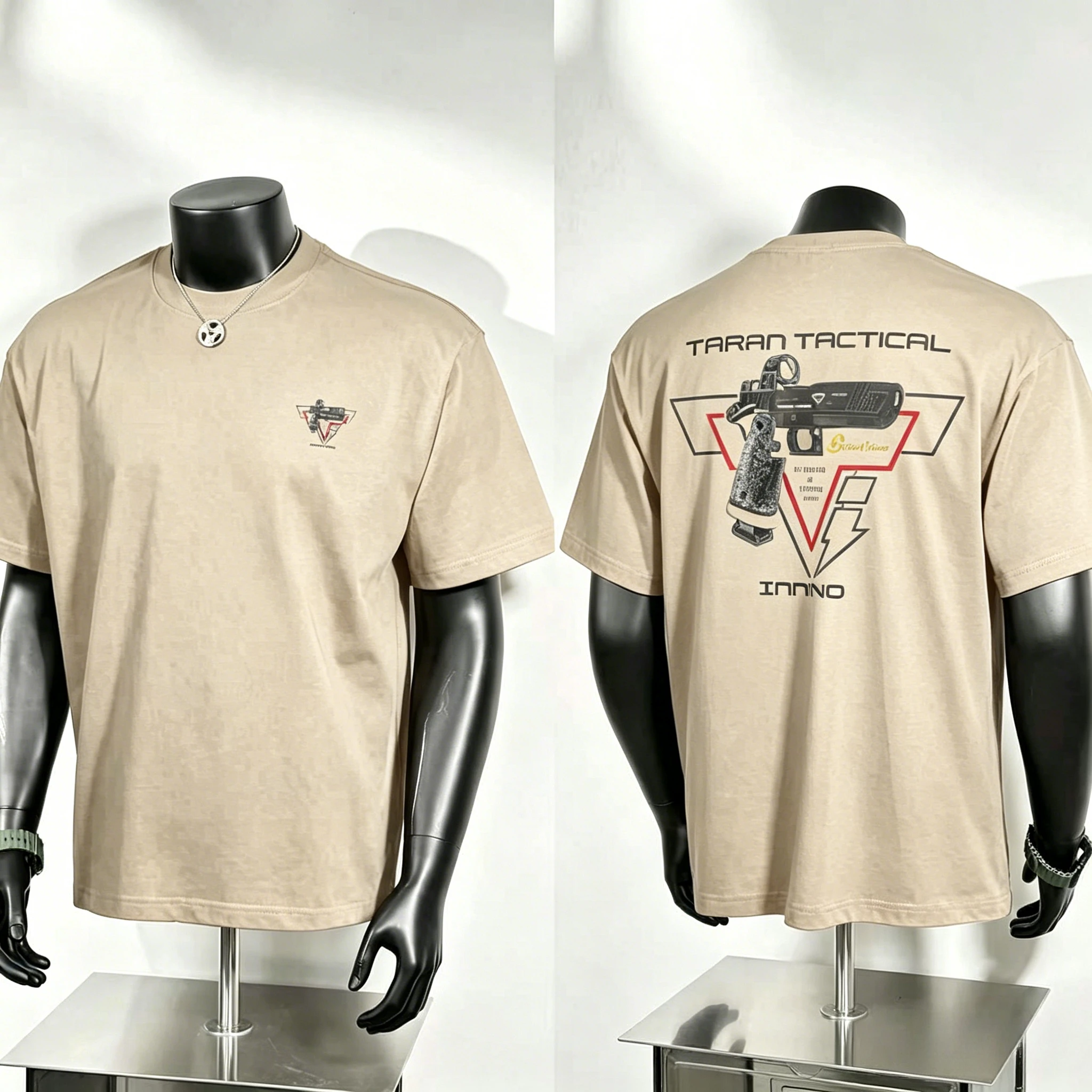 Firearm Enthusiast Graphic T Shirt, Taran Tactical Pistol and Red Black Geometric Frame Back Print, Rugged Tactical Street Tee