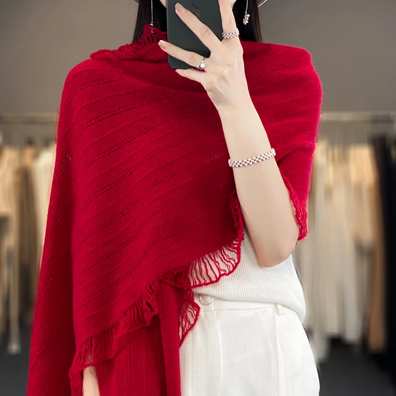 

2024 New Chic Spring Women Cardigan 100% Merino Wool Grace Soft Knitted Sweater Tassels design Scarf Shawls Fashion Tops