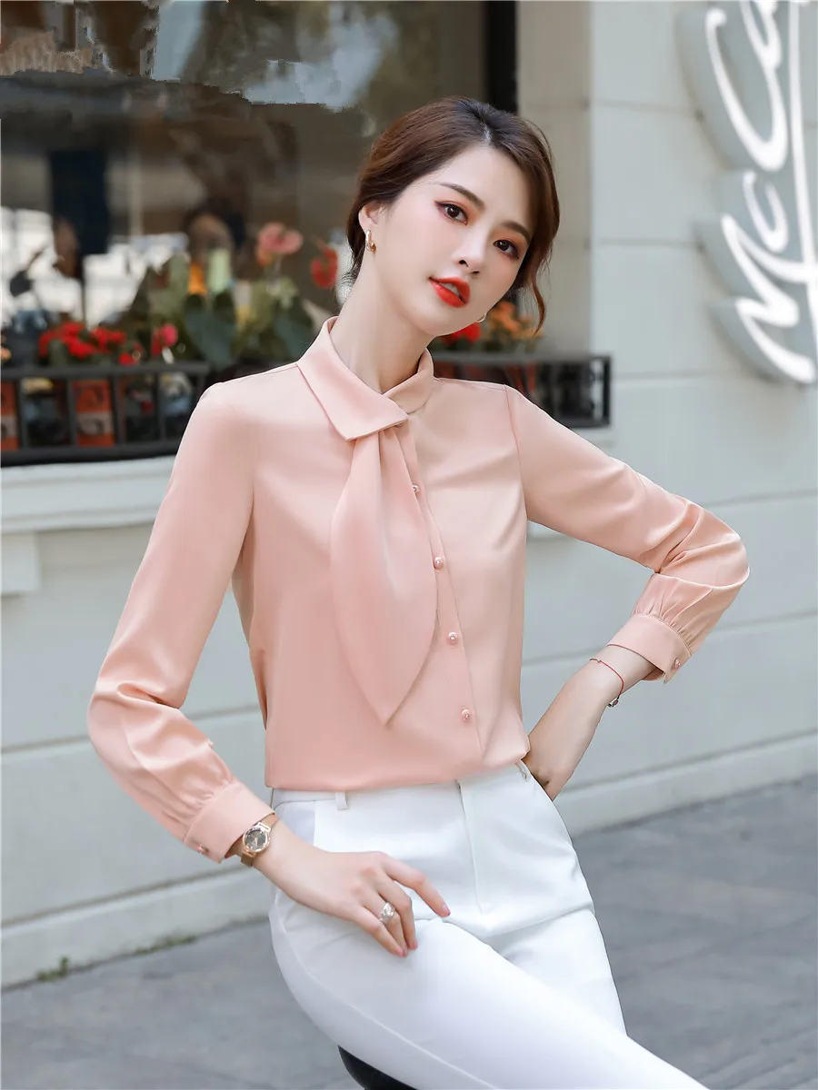 Women\'s Elegant Long Sleeve Shirts Blue White Pink  Bow Tie Work Wear Blouse Formal Offcie Tops Fashion Autumn 2023