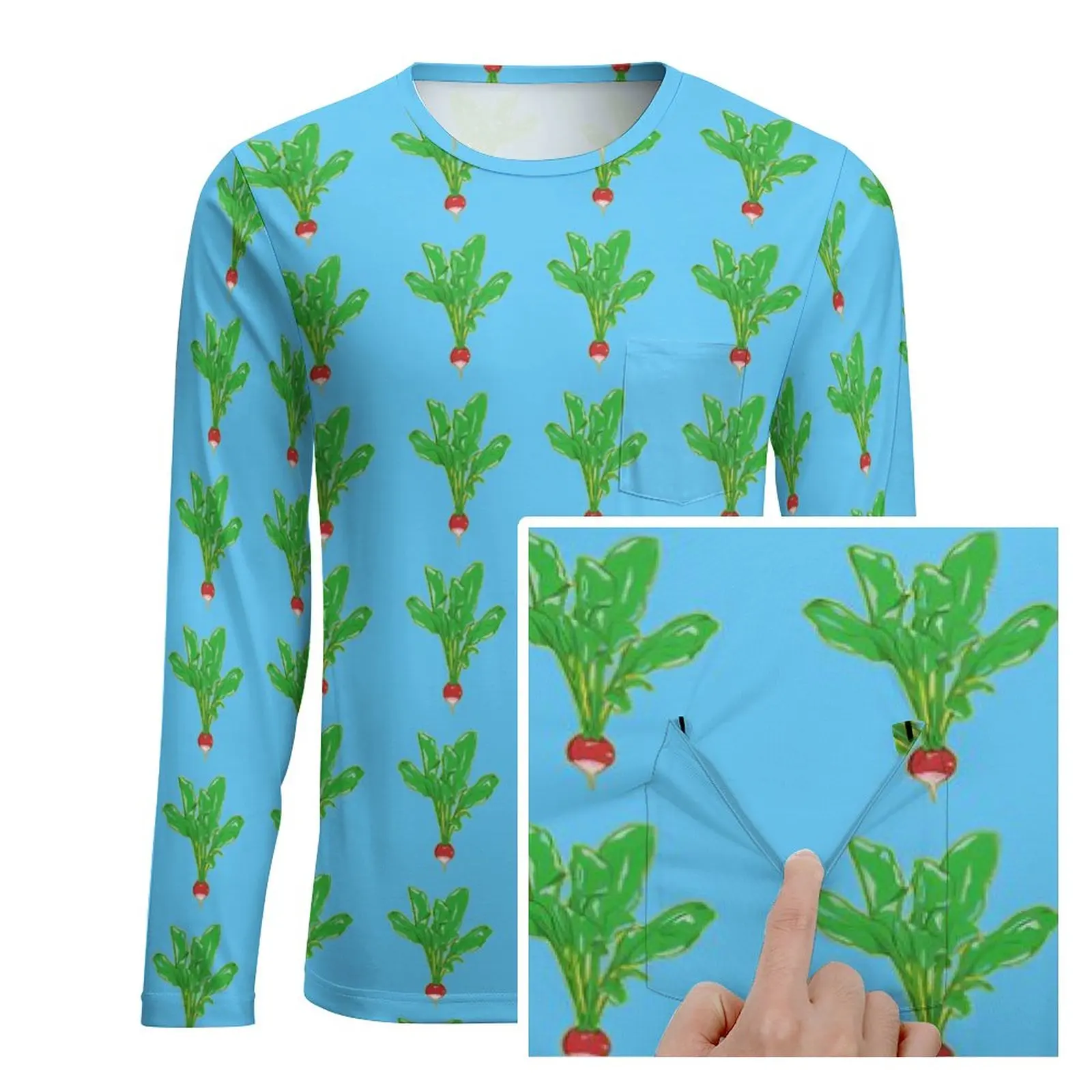 Green Radishes T Shirt Vegetable Print Vintage T Shirts With Pockets Long Sleeve Graphic Tshirt Spring Casual Oversized Top Tees