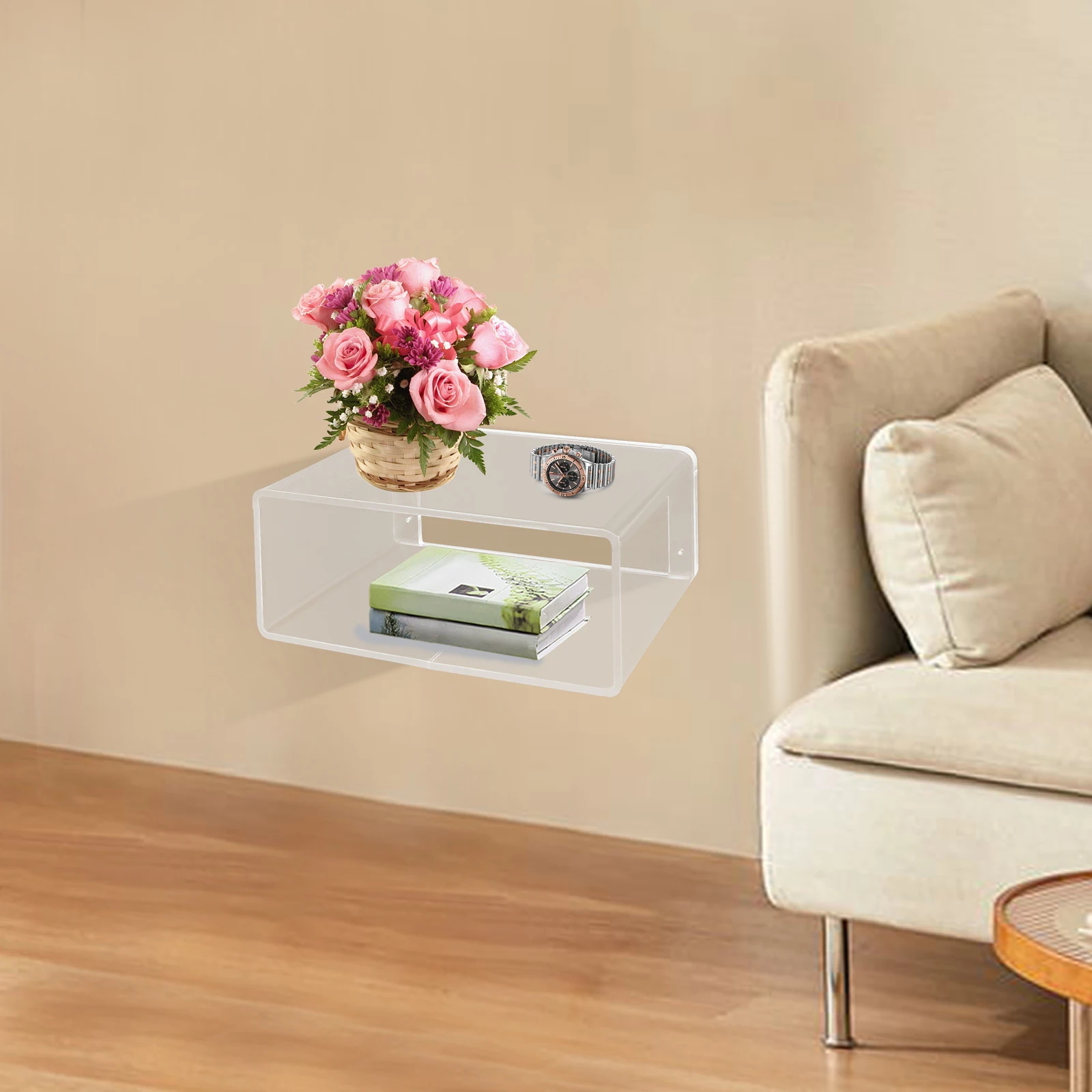 41*24cm ClearWall-Mounted Bedside Table Acrylic Bedside Bookshelf Floating Nightstand For Apartments Offices Living Rooms