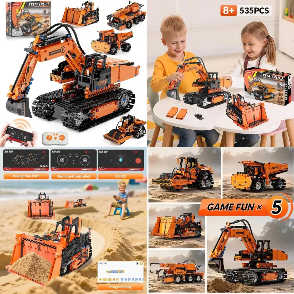 Kit de construcción STEM 5 en 1: excavadora, grúa, excavadora, rodillo y camión volquete controlado por aplicación remota, juguetes para niños