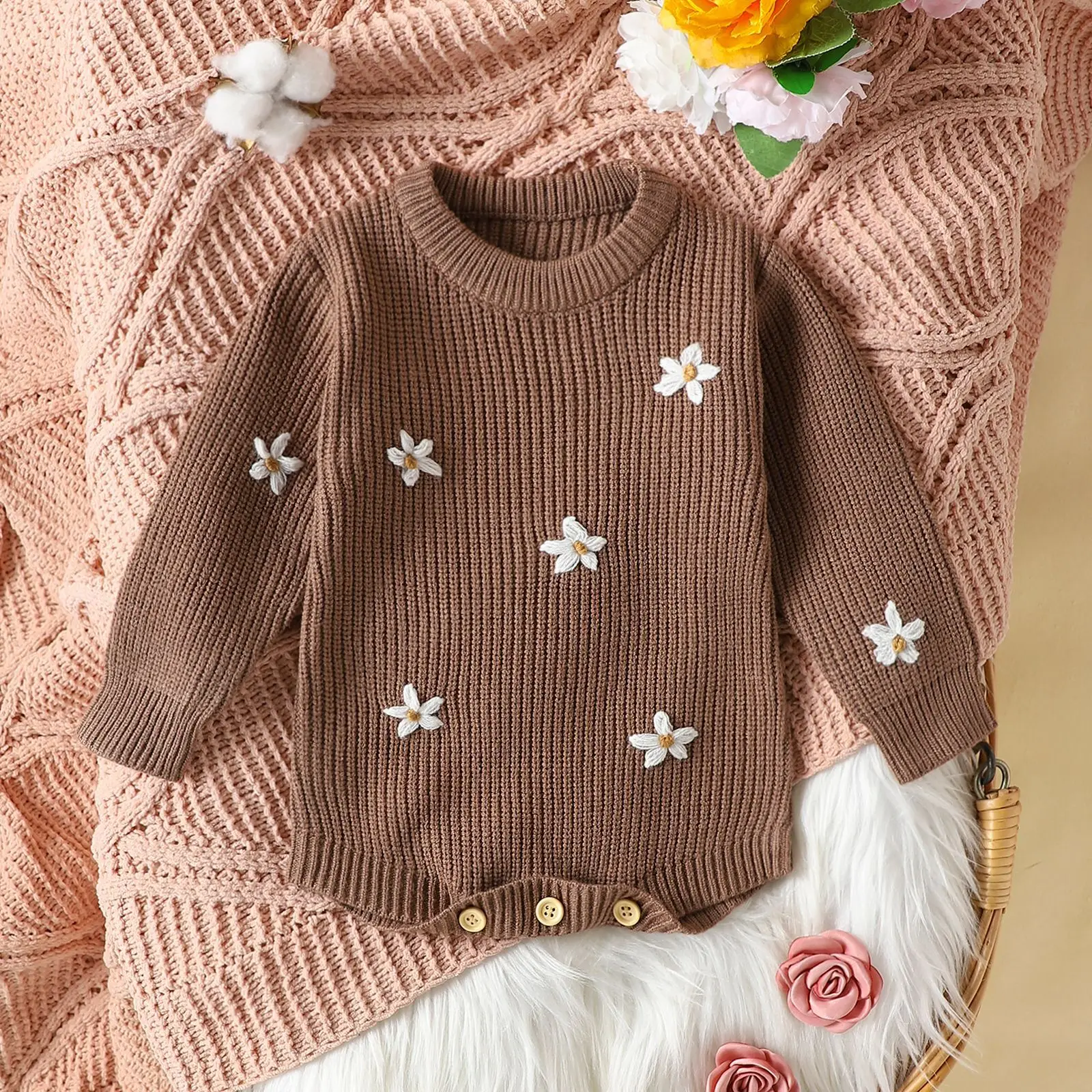 Baby Spring and Autumn Casual Flower Embroidered Sweater Long Sleeve Jumpsuit 2025 New Baby Knitted Rompers