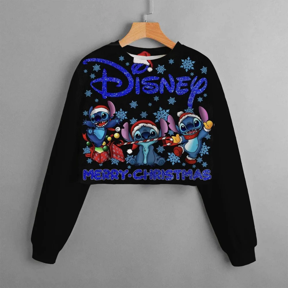 Girls Hoodie Casual Cartoon Merry Christmas Print Children\'s Top Spring Autumn Disney Lilo&Stitch Girls\' Short O Neck Sweater ﻿