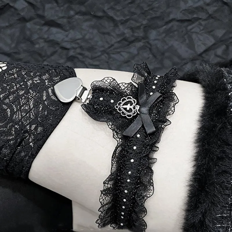 Gothic Black Lace Thigh Garter with Bow Cross Heart Pendant Vintage Cosplay Lolita Punk Leg Belt Adjustable Women Jewelry Gift