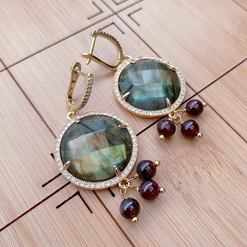 YYGEM  Natural Stone Drop Earrings  26mm Natural faceted coin Labradorite Garnet Dangle Earring Gems Stone