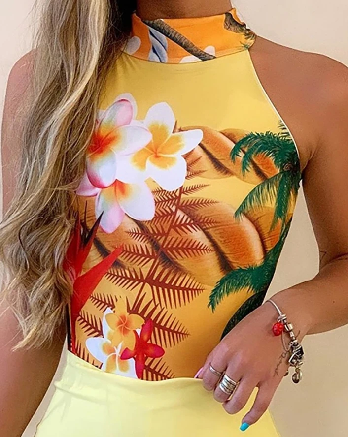 2024 Women's Summer Tight Floral Print Off Shoulder Top and Open Seam Skirt Set