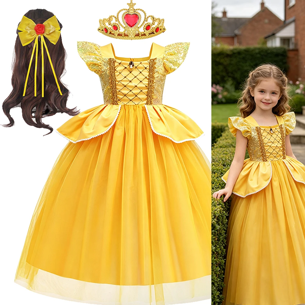 Yellow Princess Dress Kids Halloween Cosplay Costume with Crown Wand Gloves Necklace for Girls Birthday Christmas Party