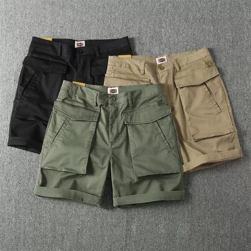 Men's Large Pocket Workwear Style Shorts American Casual Fashion High Street Retro Summer Loose Male Solid Color Shorts