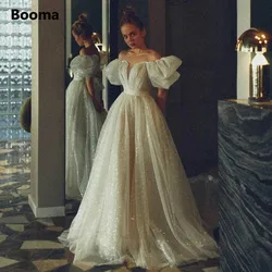 Booma Glitter Tulle A-Line Wedding Dresses Off Shoulder Short Puff Sleeves Bow Back Bridal Gowns Long Beach Bride Party Dresses