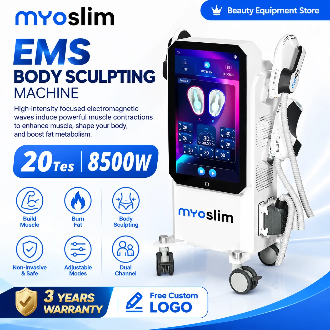 EMS HI-emt Muscle Toning Equipment Body Shaping Machine for Beauty Salon Fitness Center Gym Training MYOslim 20Tes 8500W