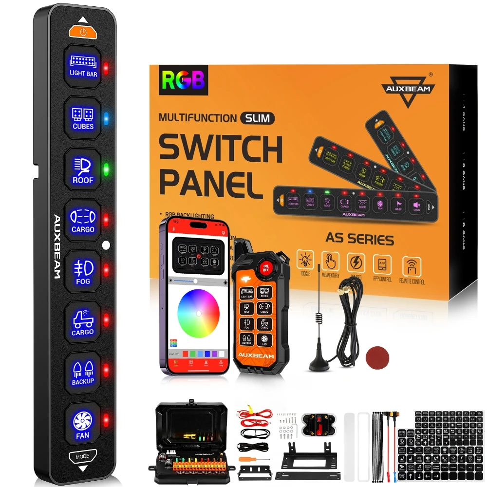 AUXBEAM 8GANG RGB SLIM SWITCH PANEL with bluetooth Cell Phone APP & Remote Control Automatic Brightness Sensing AS SERIES