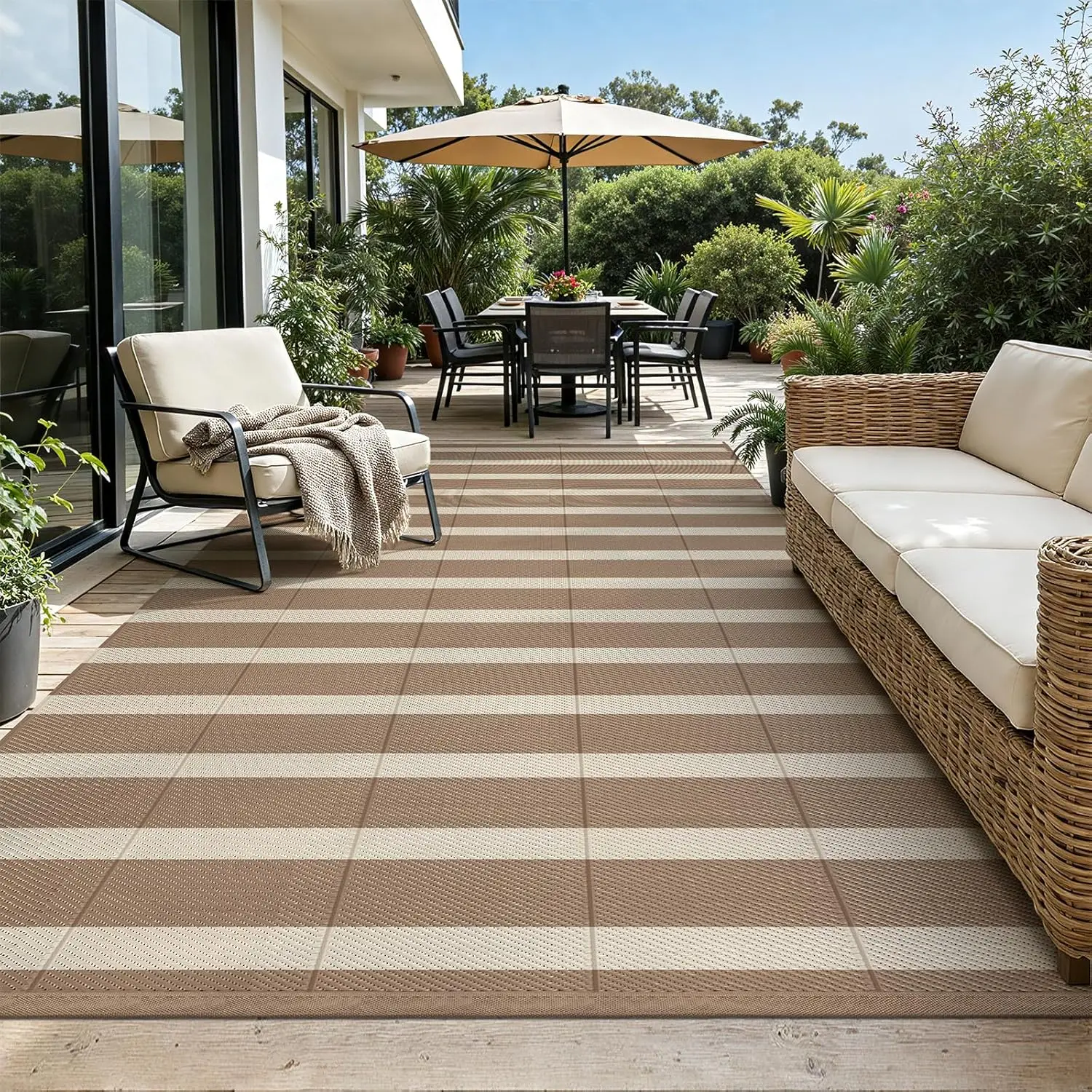 

Waterproof Reversible Outdoor Rug 8x10, Lightweight Camping Mat for Patio, RV, Deck, Beach - Brown/Beige Striped