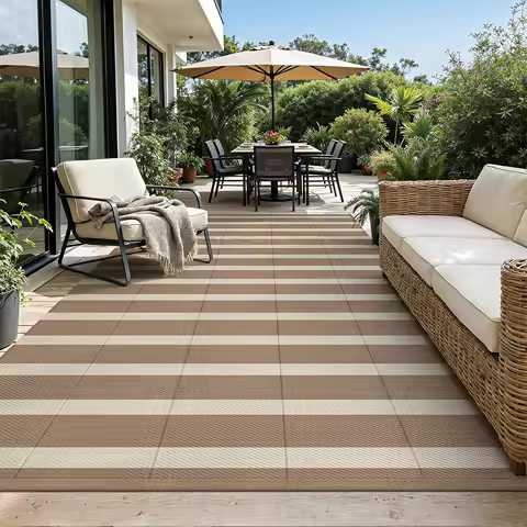 Waterproof Reversible Outdoor Rug 8x10, Lightweight Camping Mat for Patio, RV, Deck, Beach - Brown/Beige Striped