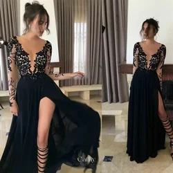 Cathy Black Lace Embroidery Prom Dress A-line Tulle فستان حفلات الزفاف Floor-length Side High Split V-neck Wedding Dress 2024