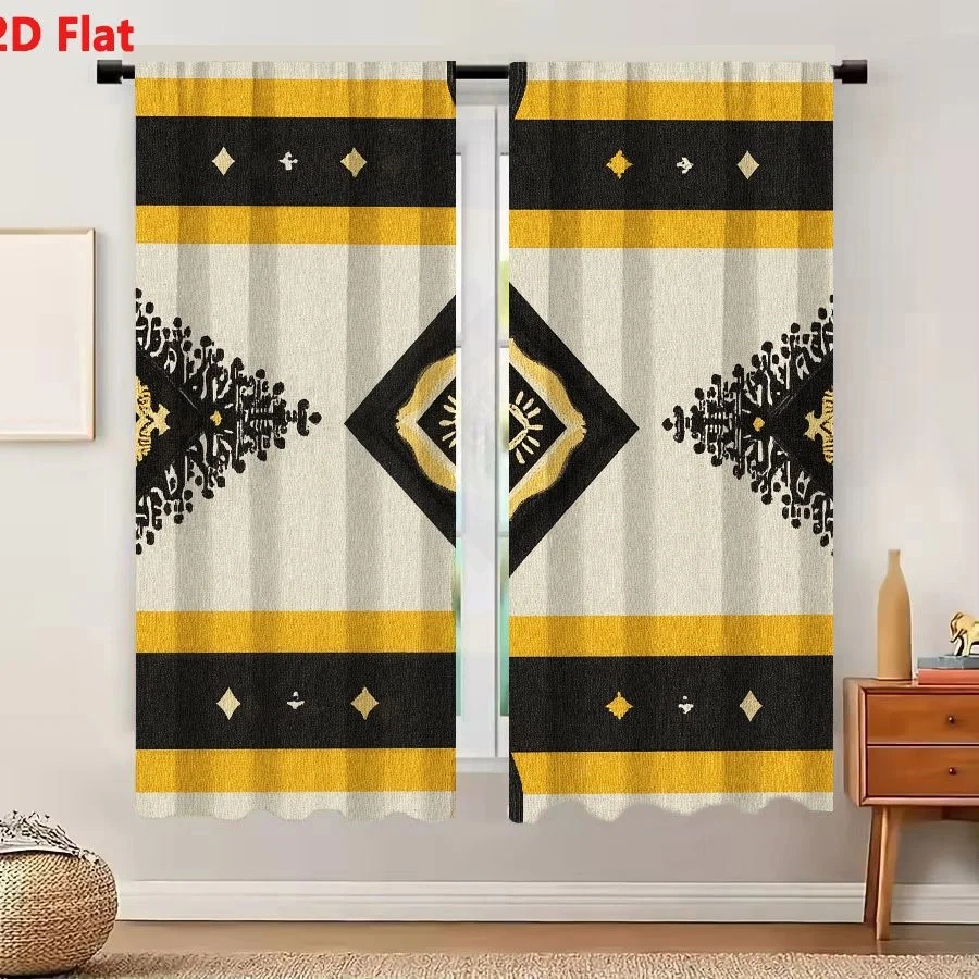 2Pcs Curtains 2D Flat Symmetrical Southwestern Tribal Pattern With Mustard Yellow Black And Off-white Geometric Bands And Centra