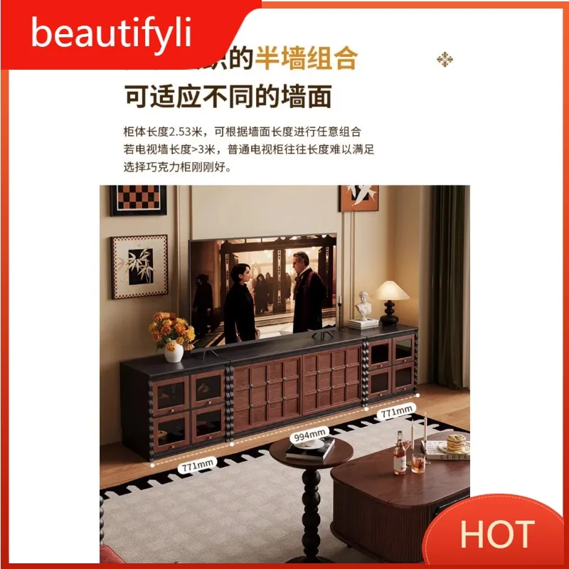 A139 French retro solid wood TV combination cabinet against the wall audio-visual cabinet large-capacity storage cabinet