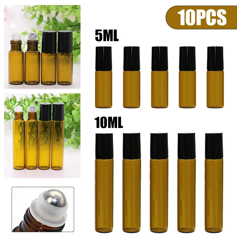 10 piezas frascos de vidrio ámbar vacíos con rodillo de 5/10 ml para aceites esenciales, rellenables y de muestra