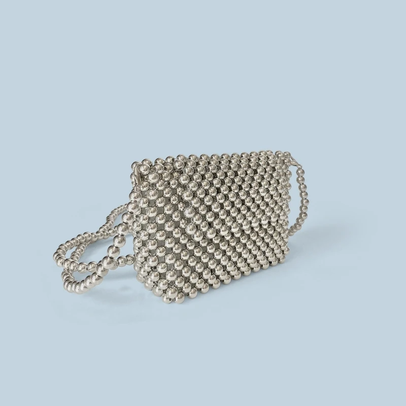 Women Evening Bag Design Vintage Silver Acrylic Beaded Bag Hand Woven Hollow Out Flap Square Crossbody Bag Female Party Clutches