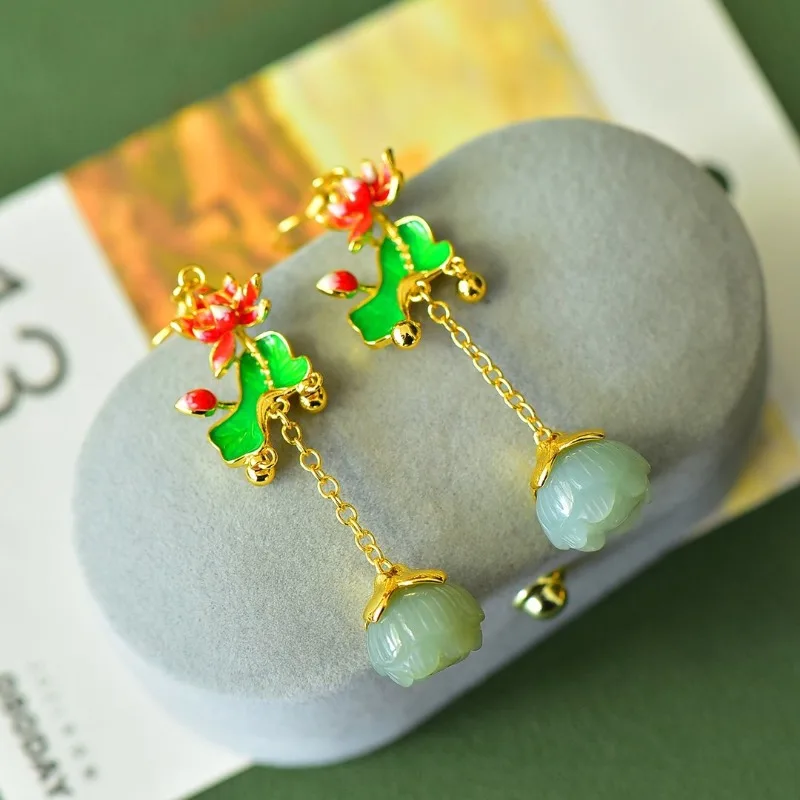 

Exquisite Copper Inlaid Hetian Jade White Jade Lotus Enamel Women's Earrings