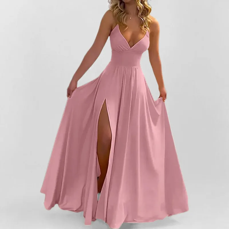 Letnia sukienka damska 2025, europejsko-amerykańska moda, jednolity kolor, seksowna, dopasowana, elegancka, z rozcięciem.