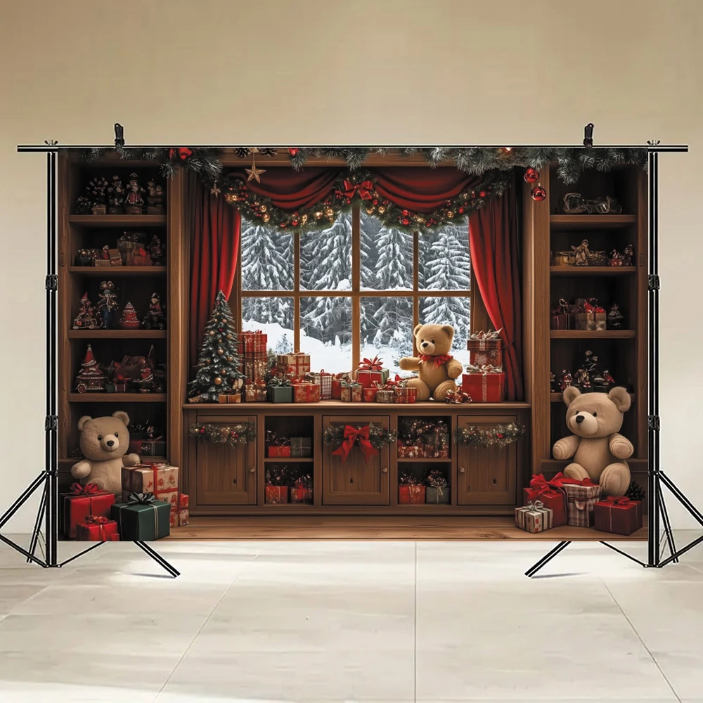 Acogedor fondo de Navidad para interiores, chimenea, árbol de Navidad, medias de oso de peluche, decoración para fiestas navideñas, fondo de fotografía para niños y adultos