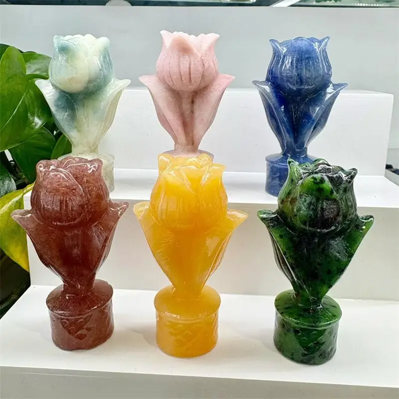 天然水晶クォーツ花彫刻置物ファッションホリデーギフトクォーツ彫刻ヒーリングホームデコレーション-1-個