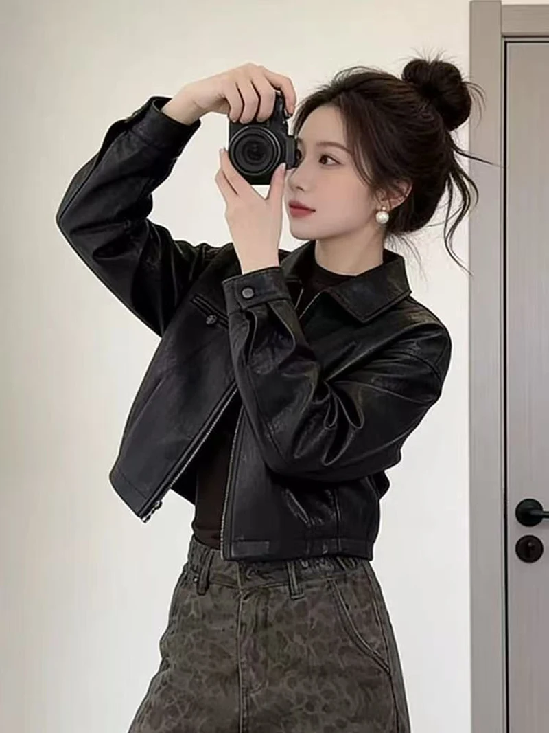 Chic Black Women Pu Leather Jacket Cropped Zip Up Lapel Collar Moto Y2K Streetwear Biker Faux Outerwear Top