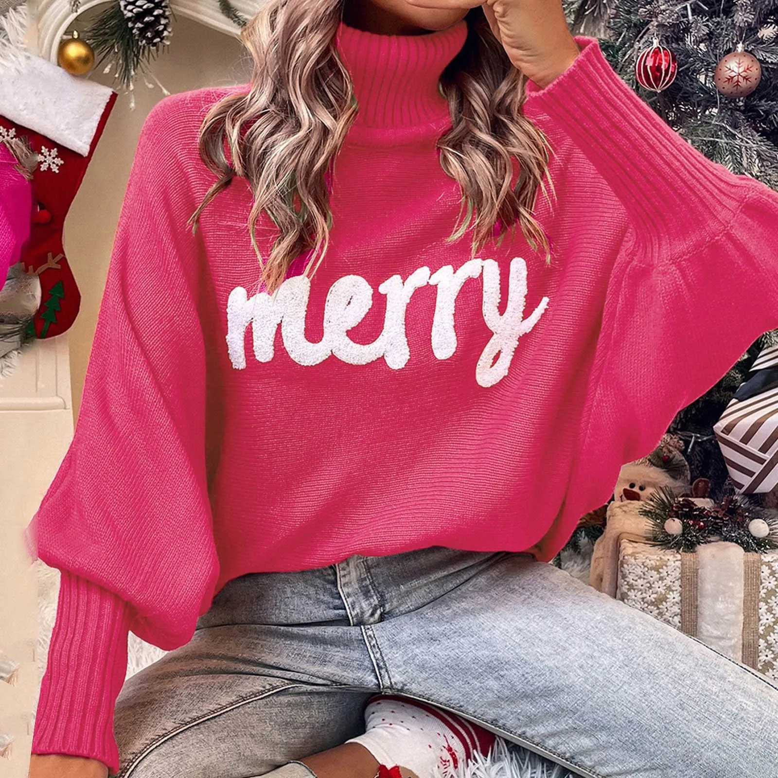 2024 Christmas Knitted Sweater Women Turtleneck Bat Sleeve Red Merry Letter Embroidered High Neck Sweater Knitted Pullovers