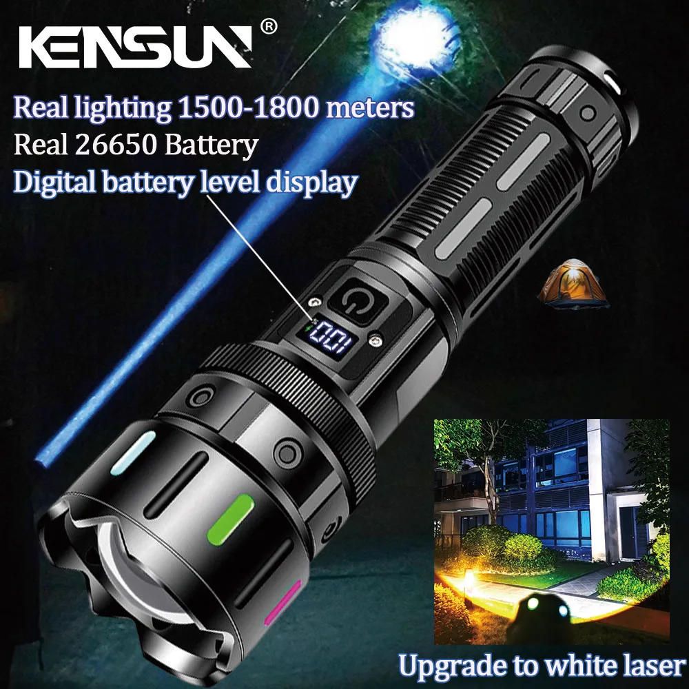 

KENSUN Super Bright LED Flashlight Rechargeable Spotlight Lamp High Power Tactical Torch Waterproof Lantern Outdoor Emergency