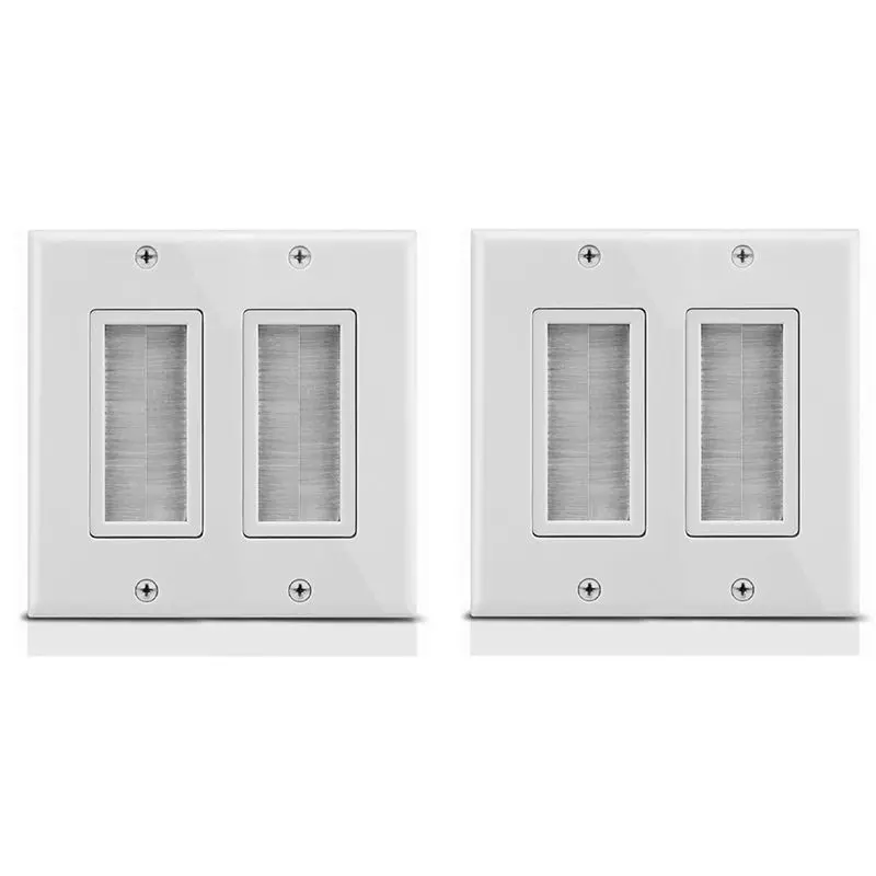 A93E-2X 2-Gang Wall Plate, Brush Style Opening Passthrough Low Voltage Cable Plate In-Wall Installation For Speaker Wires