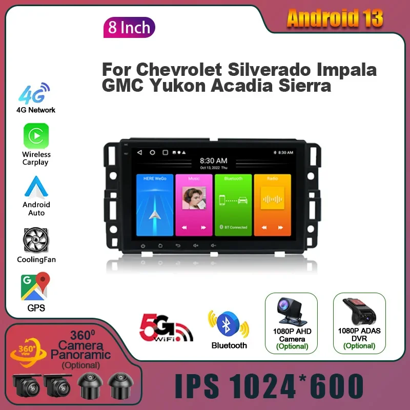 Stereo 2 Din Screen  Android 13  For Chevrolet Silverado Impala GMC Yukon Acadia Sierra Radio Multimedia Wireless