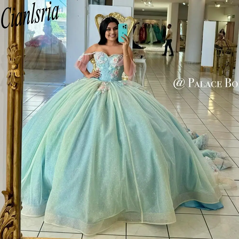 

Мятно-зеленое Бисероплетение жемчужные аппликации кружевное платье Quinceanera бальное платье с блестящими кристаллами 3D Цветы милое 15 день рождения