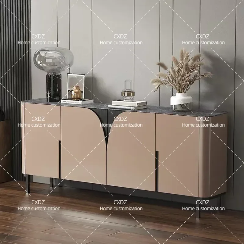 Modern Light Luxury Door Cabinet Slate Top Painted Stainless Steel Sideboard for Living Room Dining Room Home Decoration