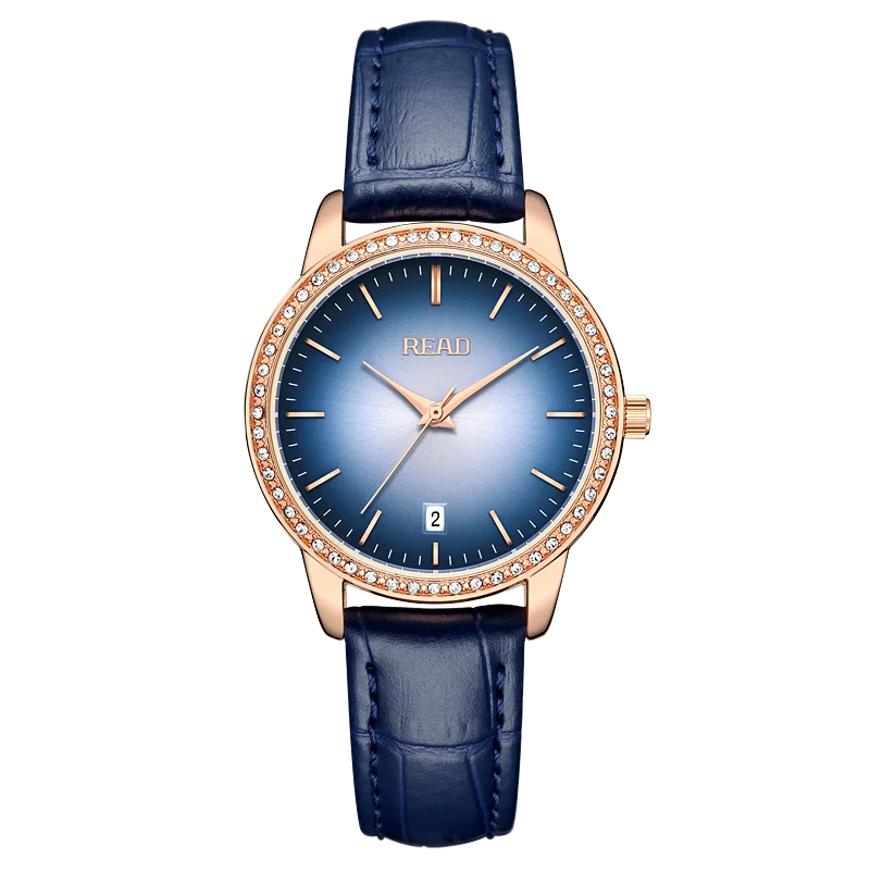 READ Women Analog Quartz Wrist Watch | Date Display | Blue Leather Strap | Daily Water Resistant Elegant Ladies Dress Watch