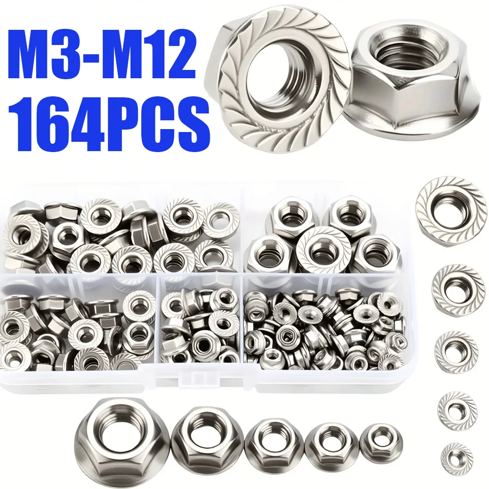164-Piece Stainless Steel Hexagonal Flange Nut Set M3-M12, for Maintenance of Mechanical Parts and Home Outdoor Construction.