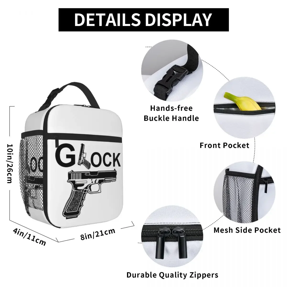 Glock USA Handgun Lunch Bags Insulated Lunch Tote Portable Thermal Bag Leakproof Picnic Bags for Woman Work Children School